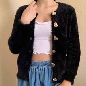 Zara Fancy Collection Fuzzy Cardigan With Jeweled Hearts. Size Small
